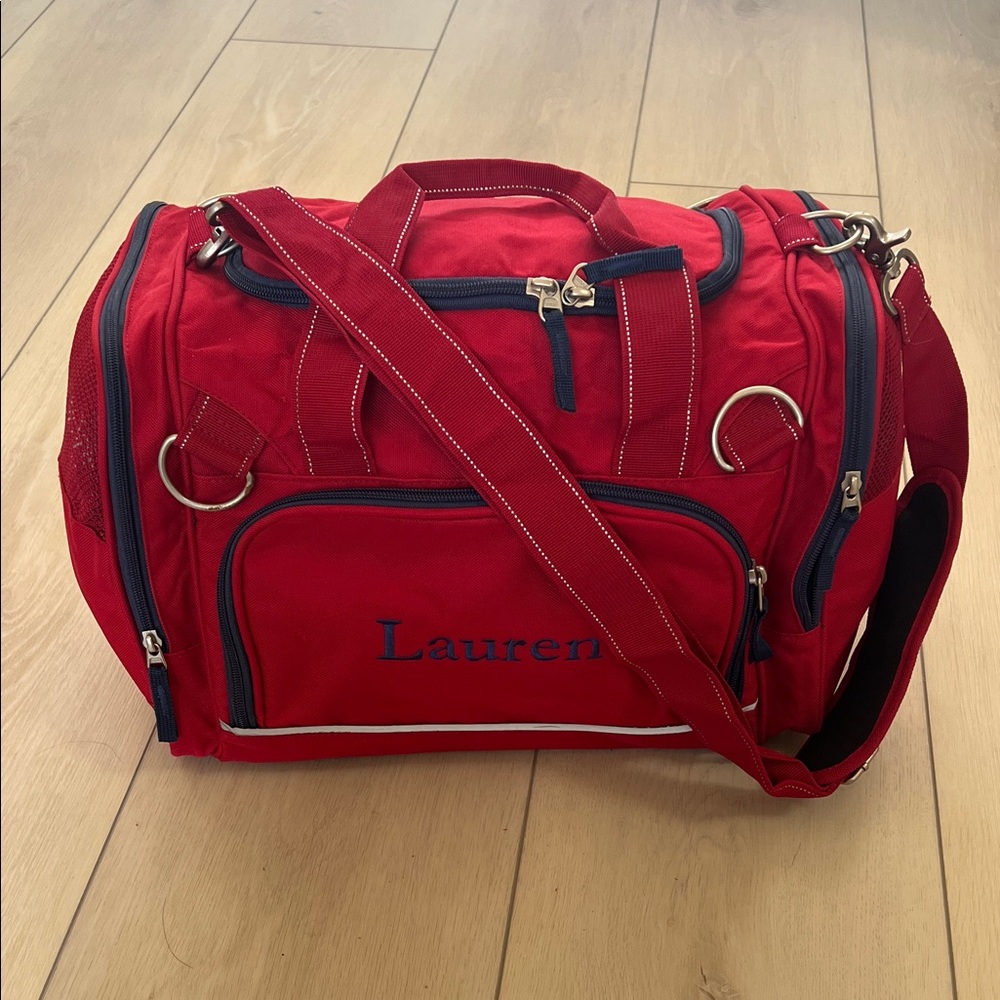 Pottery Barn Kids (Lauren) Red Duffel Bag with Blue Accents